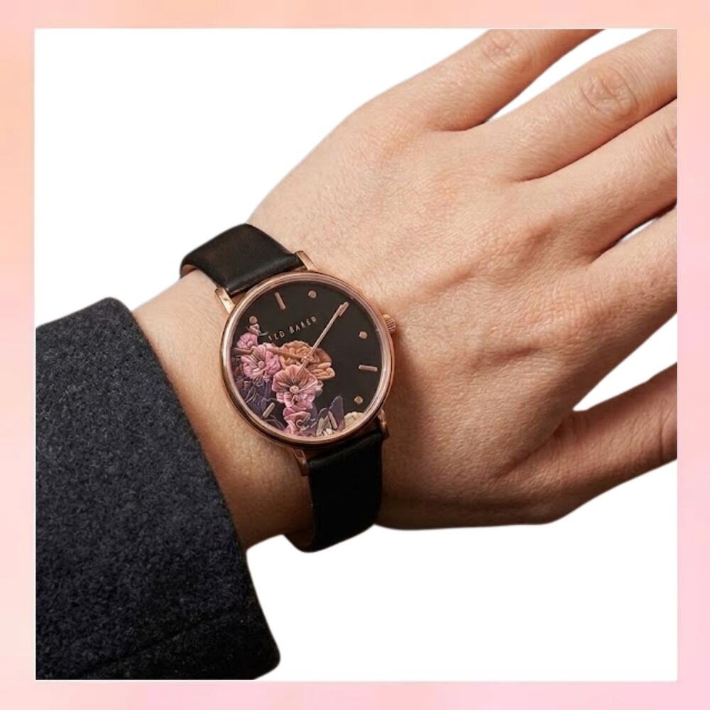 Ted Baker Women's Rose Gold Black Floral Face Leather Strap Watch